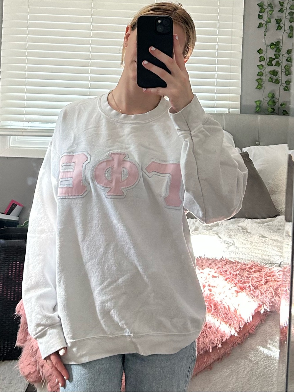 Gamma Phi Beta Gildan White Crewneck Sweatshirt with Pink Greek Letters